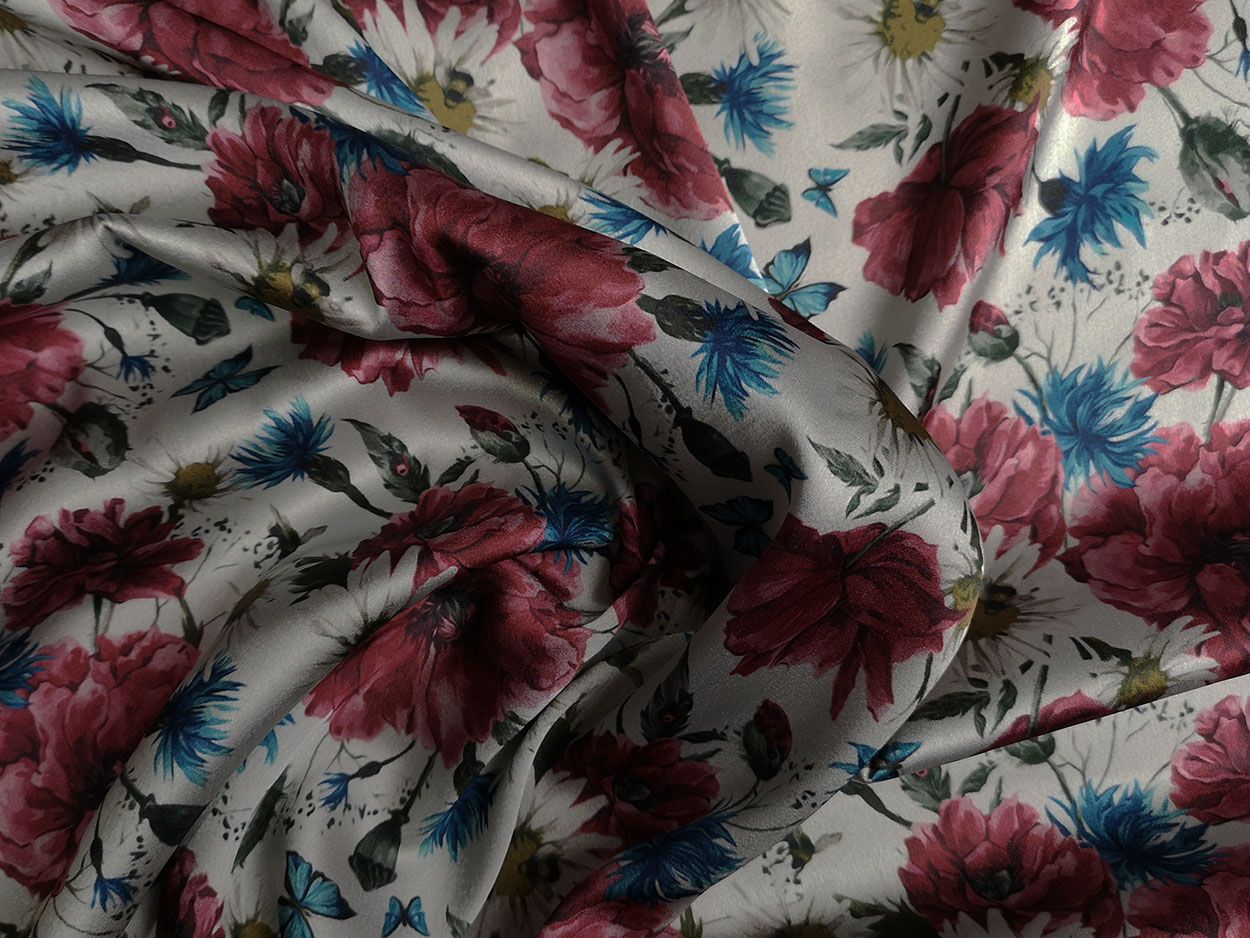 Buy Printed Satin, Butterfly Garden at Dalston Mill Fabrics