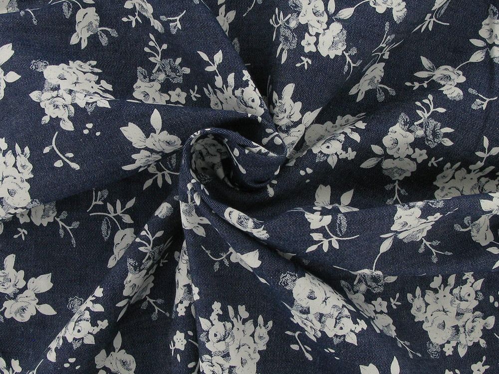 White Rose Bunches Printed Denim, Navy