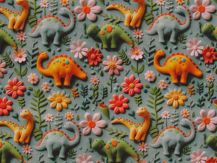 3D Fantasy Cotton Print, Floral Dinosaurs