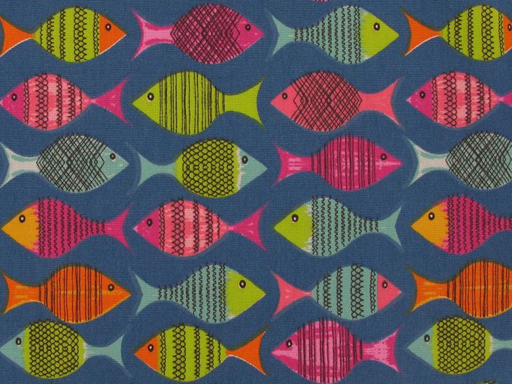 Aquarium Rainbow Cotton Curtain Fabric, Blue