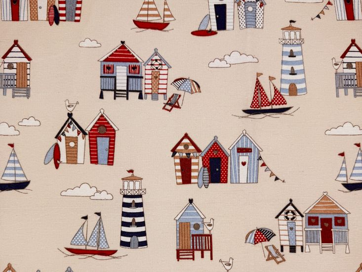 Beach Huts Cotton Canvas, Cream