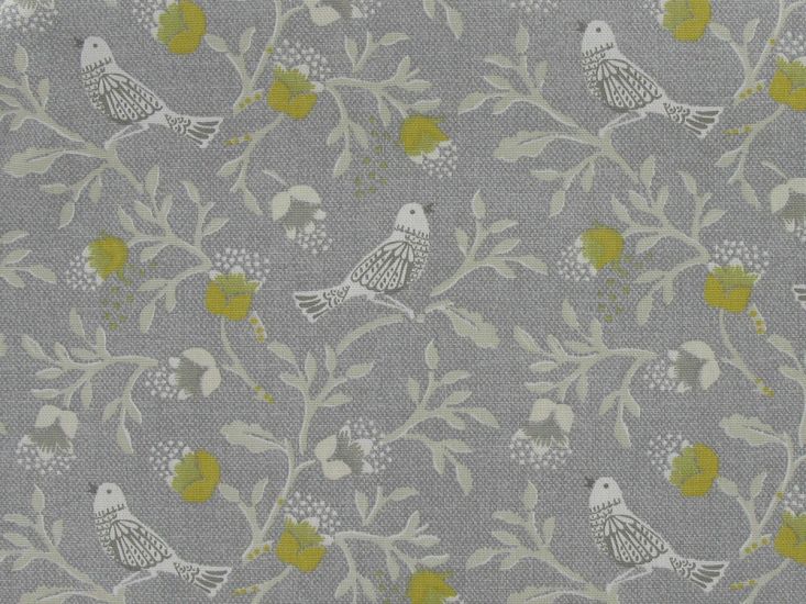 Bird Songs Cotton Curtain Fabric, Grey