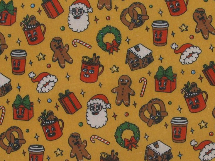 Cartoon Christmas Polycotton Print, Yellow