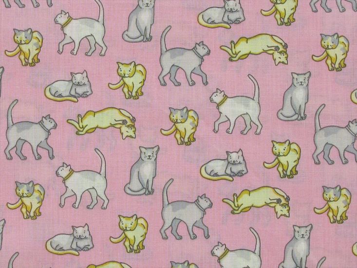 Cat Play Polycotton Print, Pink