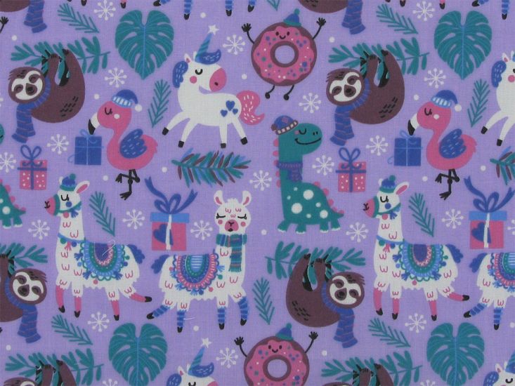 Christmas Animal Party Polycotton Print, Lilac