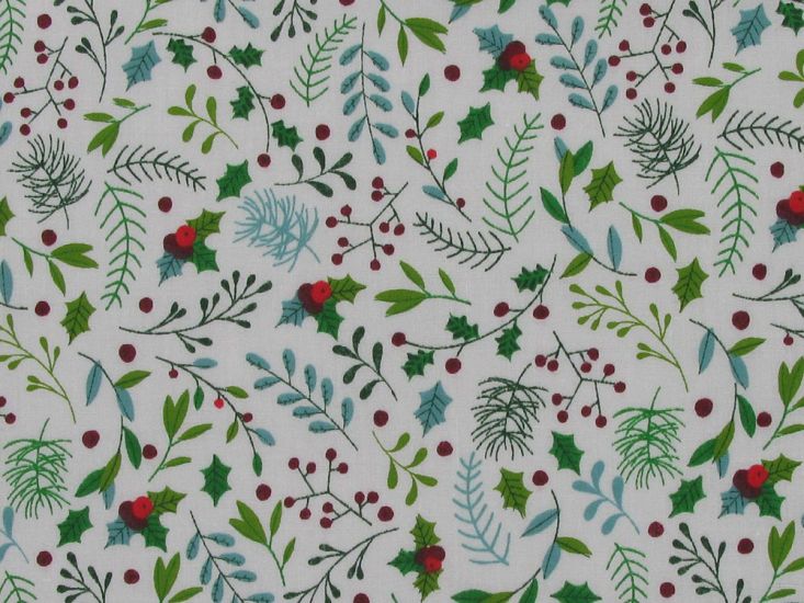 Christmas Holly Leaves Polly Cotton Print, White