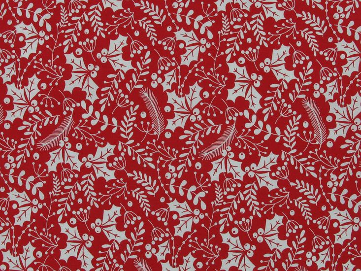 Christmas Holly Silhouette Polycotton Print, Red