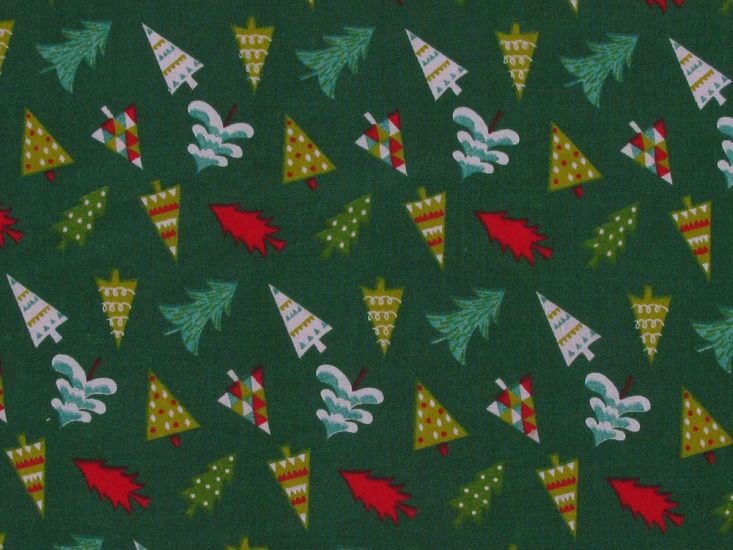 Christmas Snow Trees Polycotton Print, Green