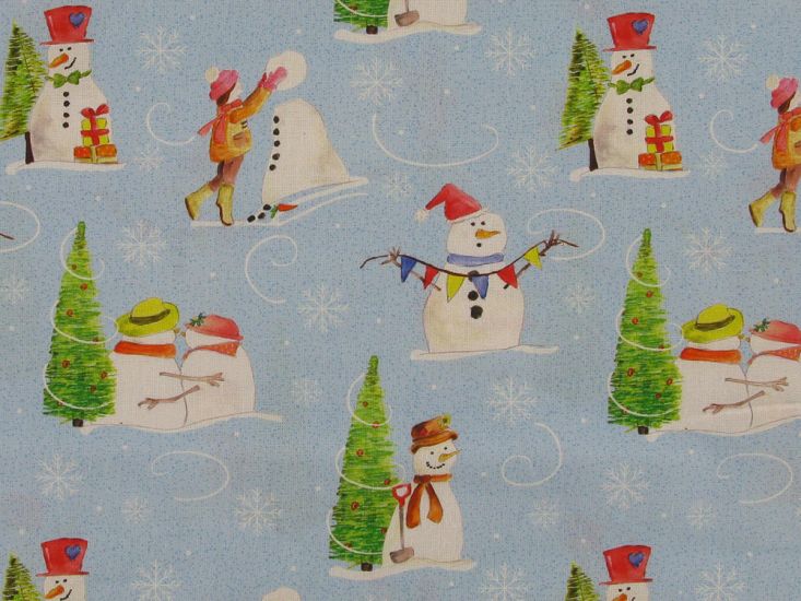 Fairytale Snowman Cotton Print, Sky Blue