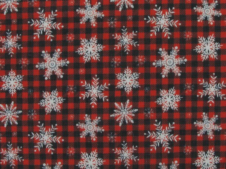 Falling Snowflakes Check Polycotton Print, Red and Black