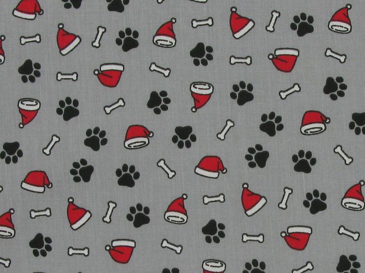 Festive Paw Polycotton Print, Grey