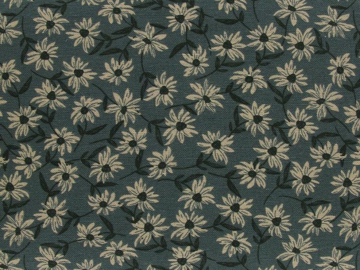 Floral Daisies Linen Look Cotton, Teal