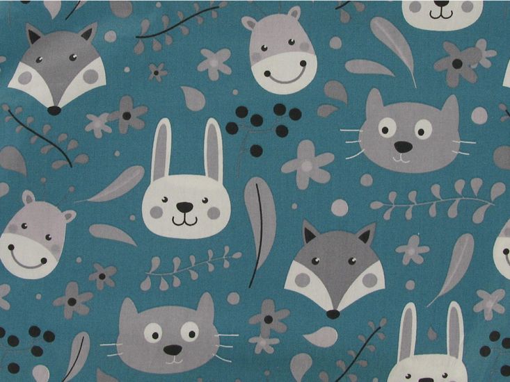 Furry Animals Cotton Print, Teal