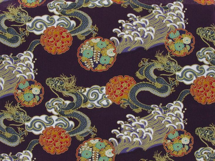 Isumi Japanese Foil Cotton Print, Dragon Symbol, Purple