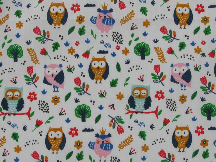 Owl Pals Polycotton Print, White