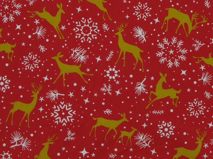 Prancing Reindeers Christmas Polycotton, Red