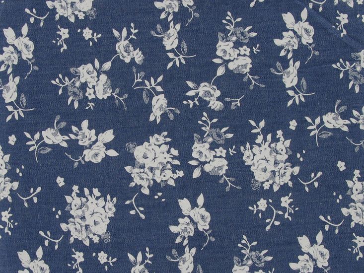 White Rose Bunches Printed Denim, Royal