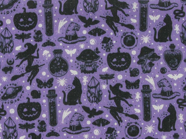 Witches and Potions Polycotton Print, Purple